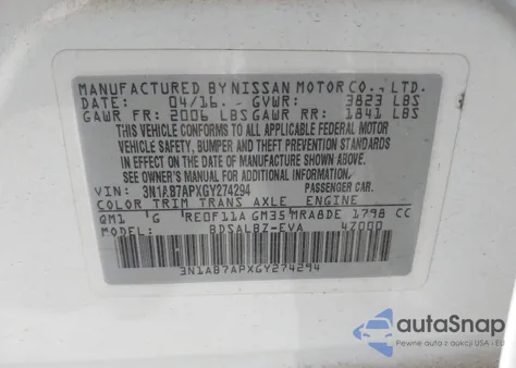 2016 Nissan Sentra S z USA, uszkodzony, nr VIN 3N1AB7APXGY274294